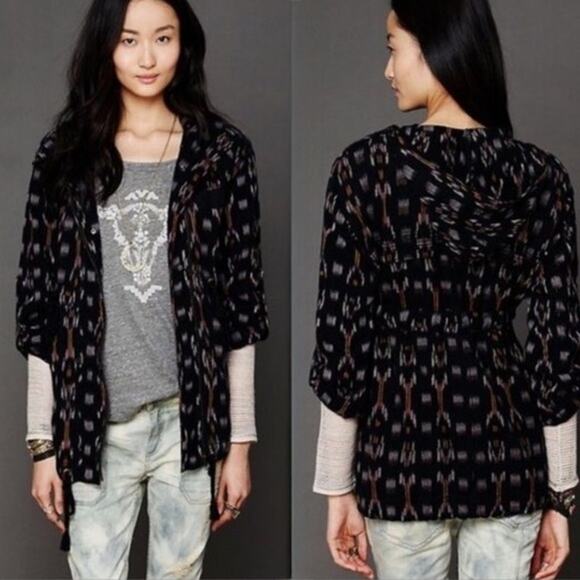 Free People Women's The Ikat Parka Black Hooded Unlined Jacket Drawstring Waist - Picture 1 of 16